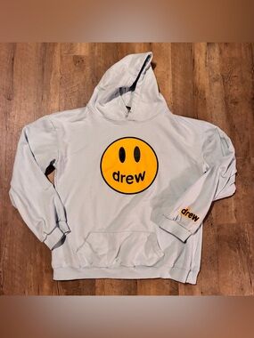 drew house Light mint greenish/blueish Hoodie with Yellow Smile Graphic